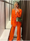 Znbbw Tops With Belt Pant Sets Women Fashion Single Button Jacket Trousers Autumn Winter Office Outfits Outwear