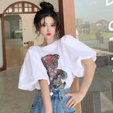 Znbbw Funny Cartoon Bear Print Tops O Neck Puff Short Sleeve T Shirt Women Sweet Fashion T Shirts Summer 2024 New Ropa Mujer