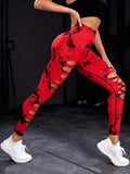 Znbbw Women Tie Dye Hollow Out Leggings Sports Pants Fitness Sportswear Sexy High Waisted Push Up Gym Tights Red Running Leggings