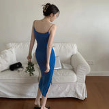 Znbbw Women's Korean Version Dress Solid Color Slit Slim Fitting Sexy Fashion Sleeveless Suspender Dress