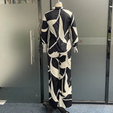 Znbbw Women Two Piece Set Casual Printed Lapel Long Sleeve Shirt Cutout IrregularTop Loose Wide Legs Pants Sets Streetwear