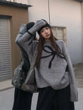 Znbbw Vintage Pullovers for Women Long Sleeve Bow Jacquard Autumn Winter Sweaters Design Aesthetics Loose All Match Clothing