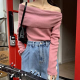 Znbbw Feminino Off Shoulder Slash Neck Sweater Women Long Sleeve Knitwears Spring Spring Y2k Clothes Elegant Pullover Tops