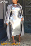 Znbbw Silver Bright Metallic Party Bodycon Midi Dress Women Long Sleeve Turtleneck Casual Elegant Club Vestidos 2023 Fashion