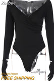 Znbbw Women Sexy Spring Autumn Long Sleeve V Neck Bodycon Black T Shirt Tops Bodysuit 2023 Fall Clothes Wholesale Items