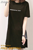 Znbbw DAY Print Long T shirts Summer Women Loose Slit Femme Tops Cotton Tshirt Short sleeve Ladies t-shirt