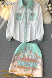 Znbbw Sweet Two Piece Set Women Turn Down Neck Long Sleeve Floral Print Chiffon Shirt Top+Irregular Vintage Mini Skirt Suit
