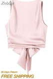 Znbbw TRAF Women Fashion With Tied Satin Back Open Crop Blouses Vintage O Neck Sleeveless Female Shirts Blusas Chic Tops