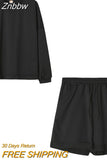 Znbbw Women Solid Tracksuits Casual Long Sleeve Pullover with Pockets Shorts Two Piece Set Sport Fashion Loose Matching Sets Outfits