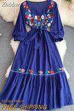 Znbbw Women Summer Dress Retro Bohemian National Style Square Collar Embroidery Seaside Holiday Big Hem Long Vestidos D2473