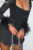Znbbw Sexy Feather Trim Crop Top Bustier Women Square Collar Long Sleeve Slim T-Shirt Streetwear Club Party Exposed Navel Tees