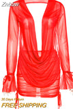 Znbbw Sexy Deep V Neck Mini Mesh Dress Women Party Outfit Two Pieces Set 2023 See Through Long Sleeve Club Party Bodycon Dresses