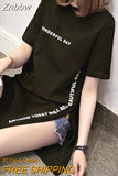 Znbbw DAY Print Long T shirts Summer Women Loose Slit Femme Tops Cotton Tshirt Short sleeve Ladies t-shirt