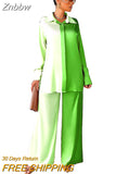 Znbbw Women Elegant Satin Two Piece Sets Casual Feamle Solid Loose Outfits Long Sleeve Shirt And Wide Leg Straight Pants Suits 2023