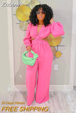 Znbbw Sexy Hollow Out Pleated Jumpsuit Fashion V-neck Long Sleeve Wide Leg Trousers Rompers 2023 Spring Female Elegant Outfit