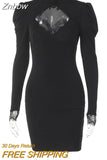 Znbbw Stand Collar Pleated Dress Women Sexy Elegant Bodycon Streewear Latern Sleeve Hollow Out Mini Dress Black Vestidos
