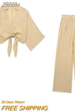 Znbbw TRAF Women Fashion With Knotted Linen Shirts 2 Piece Sets Long Pant Female Suits Holiday Sets Women
