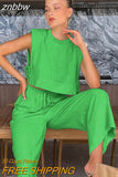 znbbw 2023 Women Holiday Linen Pant Set Crop Tops Solid Outfits 2 Two Piece Matching Set For Women Sleeveless Casuals Fashion