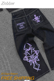 Znbbw Leg Women Jeans Y2K Streetwear Casual Hip Hop Pants Men Trousers Retro Skull Embroidery Washed Loose Pantalones