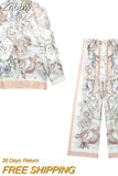 Znbbw TRAF Women Pants Sets 2023 New Fashion Printed Shirts Set Woman 2 Pieces Women's Suit Casual Loose Womens Outfits