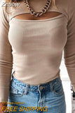 Znbbw Women tshirt Hollow Out Solid Black White Long Sleeve Knitted Tee Tops Casual Slim O Neck 2023 Fashion t shirt