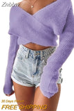 Znbbw Fashion Fall Winter Sexy Casual Cross Wrap Sweater Women Long Sleeve V Neck Solid Slim Fit Knitted Pullover Tops Crop Top