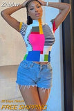 Znbbw Patchwork Printed Turtleneck T-Shirt Women Fashion Streetwear Short Sleeve Tops 2023 Summer Ladies Elegant Tee Shirts