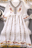 Znbbw Spring Summer Women Dress Seaside Vacation Beach Bohemian Loose Ethnic Style Temperament Embroidered V-Neck Dress GD795
