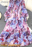 Znbbw Women's Spring Autumn Long Sleeved Chiffon Dress with Wooden Ear Edge Waist Closing Floral Holiday Big Hem Long Dress D2460