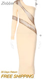 Znbbw Mesh See Through Patchwork Midi Dress For Women Robe Autumn New One Sleeve Backless Bodycon Long Dress Vestido