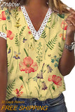 Znbbw V-neck Floral Print Blouse Women Short Sleeve Tops Fashion 2023 Cssual Shirts Female Loose Elegant Blouses Blusas 24785