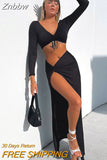 Znbbw Fashion Outfits Top and Skirt Set Women Drawstring Ruched Long Sleeve Two Piece Set Bodycon Skirts Split