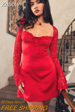 Znbbw Red Lace Sexy Mini Dress For Women Robe Full Sleeve Square Collar Lace-up Wrap Hip Bodycon Club Party Dress Vestido