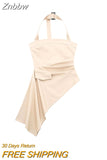 Znbbw TRAF Summer Fashion Women Bustier Asymmetric Draped Sleeveless Backless Slim Halter Top Female Tanks Camis Khaki