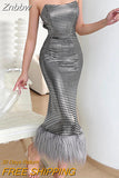 Znbbw Sexy Strapless Feather Hem Bodycon Y2K Night Dresses for Women Off the Shoulder Evening Party Elegant Midi Dress
