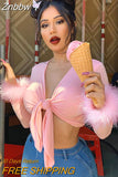 Znbbw Tie Front Fur Cuff Long Sleeve Crop T Shirt Women Y2K 2023 Spring Autumn Pink Tee Tops Sexy Streetwear Fashion Tshirt