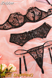 Znbbw Sexy Lingerie Transparent Women's Underwear Panties Set 4-Pieces Hot Thong Fancy Luxury Lace Erotic Outfits