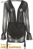 Znbbw Sexy Deep V Neck Mini Mesh Dress Women Party Outfit Two Pieces Set 2023 See Through Long Sleeve Club Party Bodycon Dresses