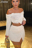 znbbw Summer Sexy 2 Two Pieces Set For Women 2023 Salsh Neck Long Sleeve Asymmetric Crop Tops And Side Slit Mini Skirt Sets