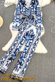 Znbbw Fashion Runway 2 Piece Pants Set Women Long Sleeve Vintage Porcelain Print Belt Blouse and Wide Leg Trousers Suits Outfit