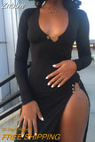 Znbbw Women Autumn Winter V Neck Slim Long Sleeve Hollow Out Black Open Fork Split Long Dress 2023 Fall Clothes Streetwear