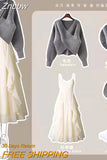 Znbbw Size Women's Spring Autumn Suit Women's 2023 French New Pink Sweater Suspender Dress Two-piece Set