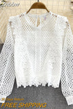 Znbbw Women Autumn Winter Blouse Vintage Round Neck Ruffle Long Sleeve Loose Hook Flower Cut Out Water-soluble Lace Shirt D2062