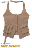 Znbbw TRAF 2023 Halter Top Women Off Shoulder Top Female Pocket Decoration Backless Sexy Tops Woman Summer Bustier Tops
