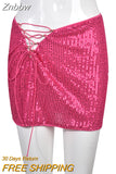 Znbbw Hollow Out Bandage Lace Up Sequins Mini Skirts Women Glitter Night Prom Club Outfits 2023 Spring Fall Harajuku Y2K Clothes