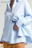 Znbbw Women's Suit Shirt With Mini Shorts 2023 Summer Casual Loose Long Sleeve Shirt Blouses Two Piece Sets Tracksuits Outifits