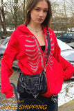 Znbbw Women Zip-up Y2K Harajuku Oversized Skeleton Hoodie Goth Hoodie Female Women Grunge Hooded With Zipper Hood Skull Sweatshirt