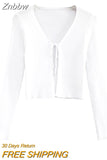 Znbbw Trendy Simple Sexy Solid Tie Up Knit Cardigan Women Long Sleeve V Neck Slim Lace Up Crop Top Spring Autumn Casual Outwear