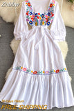 Znbbw Women Summer Dress Retro Bohemian National Style Square Collar Embroidery Seaside Holiday Big Hem Long Vestidos D2473