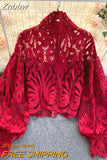 Znbbw 2023 New Fashion Blouse Female Hollow Lantern Sleeve Temperament Blusa Stand-up Collar Slim Short Lace Shirt C342